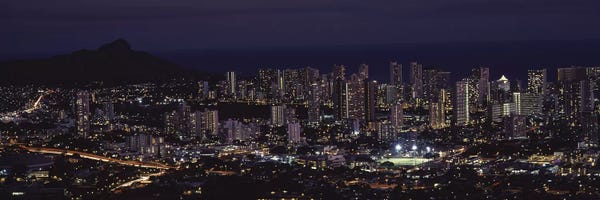 Honolulu: High angle view of a city lit up at night, Honolulu, Oahu, Honolulu County, Hawaii, USA by Panoramic Images
