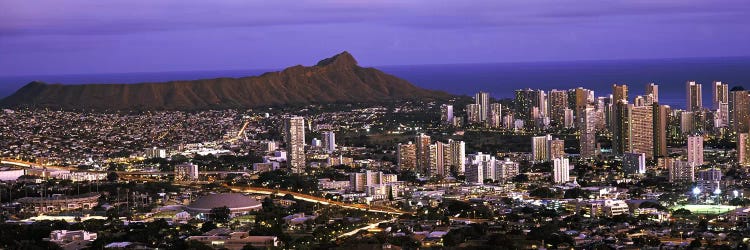 High angle view of a city lit up at dusk, Honolulu, Oahu, Honolulu County, Hawaii, USA 2010