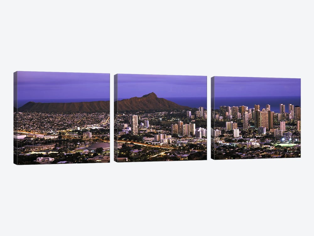 High angle view of a city lit up at dusk, Honolulu, Oahu, Honolulu County, Hawaii, USA 2010 by Panoramic Images 3-piece Canvas Artwork