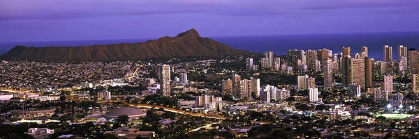 Honolulu: High angle view of a city lit up at dusk, Honolulu, Oahu, Honolulu County, Hawaii, USA 2010 by Panoramic Images