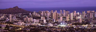 High angle view of a city lit up at duskHonolulu, Oahu, Honolulu County, Hawaii, USA by Panoramic Images framed canvas print