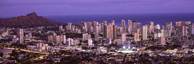 High angle view of a city lit up at duskHonolulu, Oahu, Honolulu County, Hawaii, USA