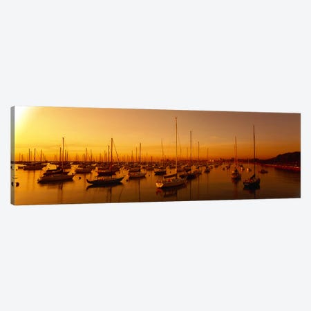 Boats moored at a harbor at dusk, Chicago River, Chicago, Cook County, Illinois, USA Canvas Print #PIM9227} by Panoramic Images Canvas Print