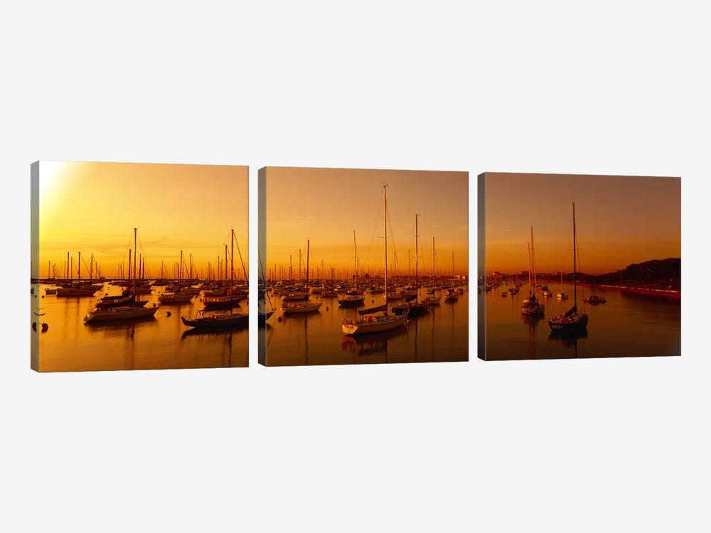 Boats moored at a harbor at dusk, Chicago River, Chicago, Cook County, Illinois, USA by Panoramic Images 3-piece Canvas Print