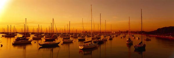 Harbors: Boats moored at a harbor at dusk, Chicago River, Chicago, Cook County, Illinois, USA by Panoramic Images