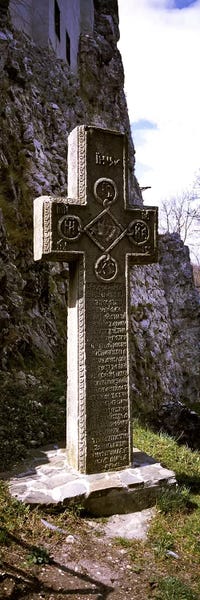 Romania: Stone cross at a castle, Bran Castle, Brasov, Transylvania, Mures County, Romania by Panoramic Images