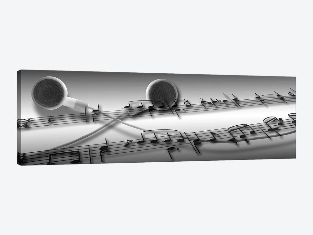 Music notes superimposed on ear phones by Panoramic Images 1-piece Canvas Art Print