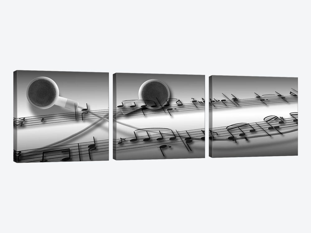 Music notes superimposed on ear phones by Panoramic Images 3-piece Canvas Print