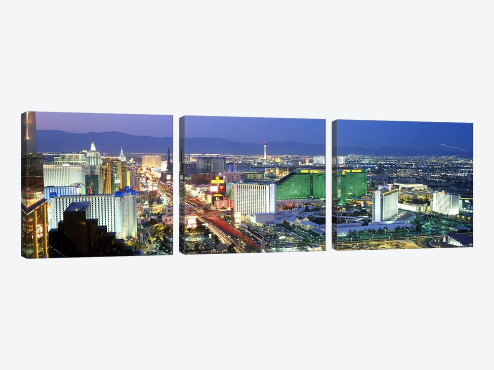 Buildings lit up at dusk in a city, Las Vegas, Clark County, Nevada, USA #2 by Panoramic Images 3-piece Canvas Wall Art