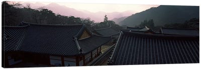 Buddhist temple with mountain range in the background, Kayasan Mountains, Haeinsa Temple, Gyeongsang Province, South Korea Canvas Art Print - Buddhism Art