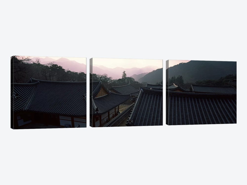 Buddhist temple with mountain range in the background, Kayasan Mountains, Haeinsa Temple, Gyeongsang Province, South Korea by Panoramic Images 3-piece Canvas Art Print
