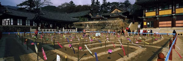 Buddhism: Tourists at a temple, Haeinsa Temple, Kayasan Mountains, Gyeongsang Province, South Korea by Panoramic Images
