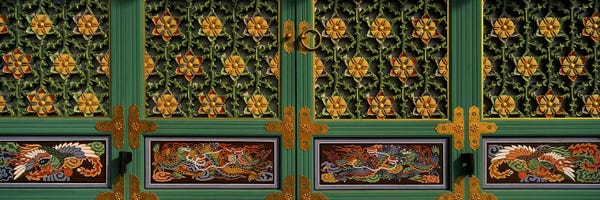 South Korea: Paintings on the door of a Buddhist temple, Kayasan Mountains, Haeinsa Temple, Gyeongsang Province, South Korea by Panoramic Images