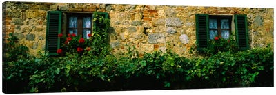Flowers And Vines Along A Building Wall, Monteriggioni, Siena, Tuscany, Italy Canvas Art Print - Masonry Art