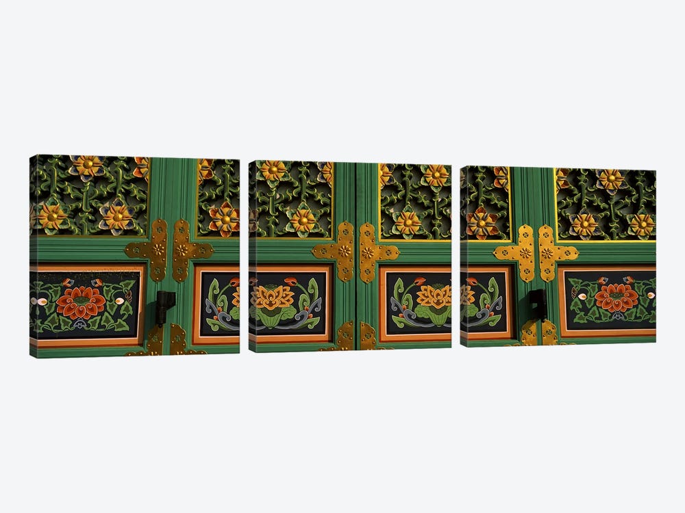 Paintings on the door of a Buddhist temple, Kayasan Mountains, Haeinsa Temple, Gyeongsang Province, South Korea #2 by Panoramic Images 3-piece Canvas Art Print