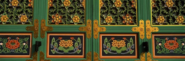 Buddhism: Paintings on the door of a Buddhist temple, Kayasan Mountains, Haeinsa Temple, Gyeongsang Province, South Korea #2 by Panoramic Images