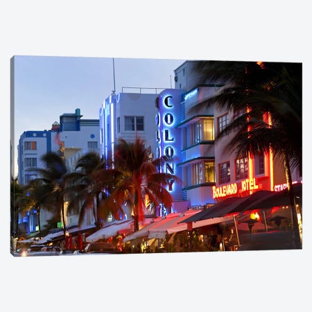 Hotels lit up at dusk in a city, Miami, Miami-Dade County, Florida, USA Canvas Print #PIM9273} by Panoramic Images Canvas Print