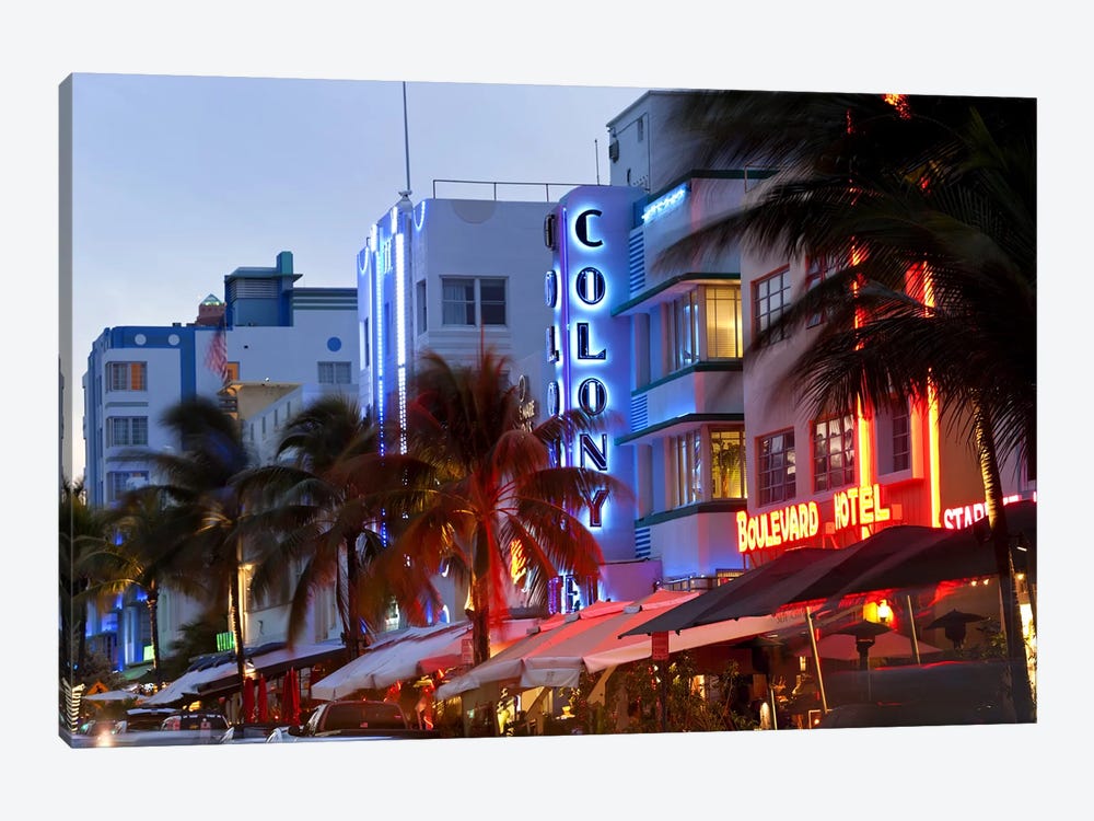 Hotels lit up at dusk in a city, Miami, Miami-Dade County, Florida, USA by Panoramic Images 1-piece Canvas Artwork