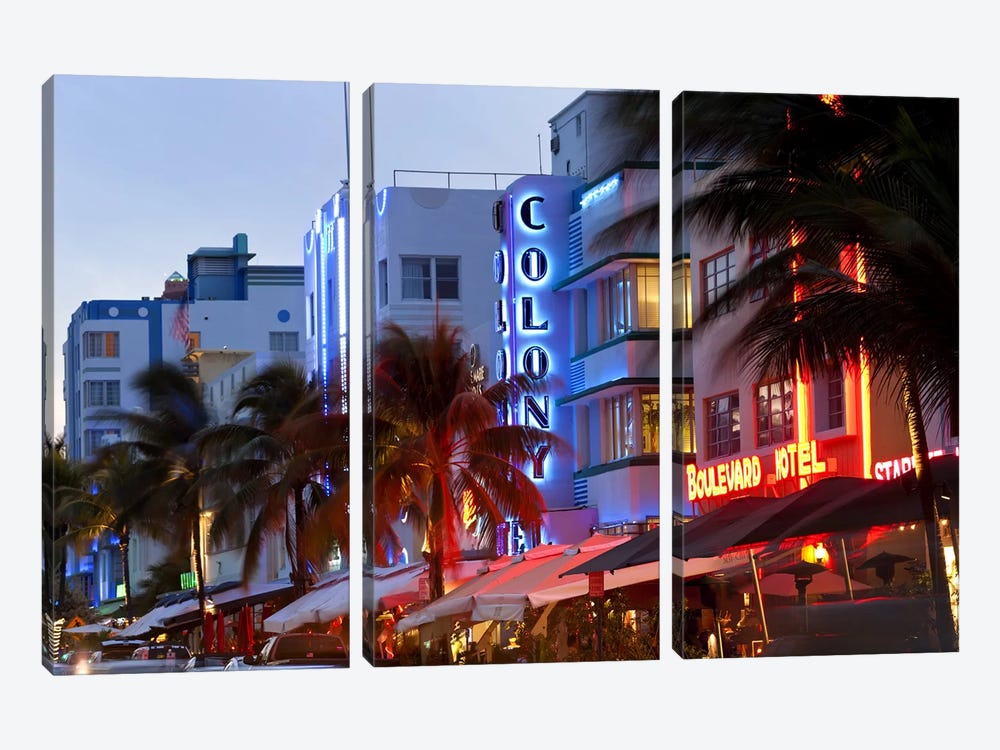 Hotels lit up at dusk in a city, Miami, Miami-Dade County, Florida, USA by Panoramic Images 3-piece Canvas Wall Art