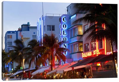 Hotels lit up at dusk in a city, Miami, Miami-Dade County, Florida, USA Canvas Art Print - Signs
