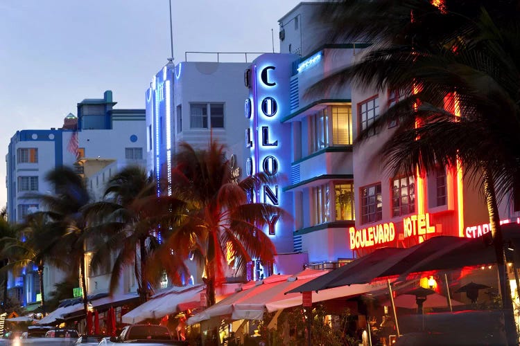 Hotels lit up at dusk in a city, Miami, Miami-Dade County, Florida, USA