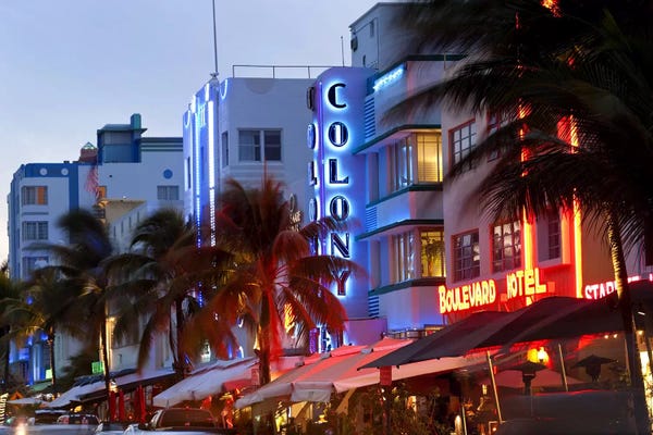 United States of America: Hotels lit up at dusk in a city, Miami, Miami-Dade County, Florida, USA by Panoramic Images