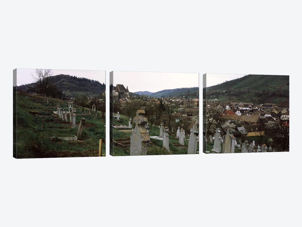Tombstones in a cemetery, Saxon Church, Biertan, Sibiu County, Transylvania, Romania by Panoramic Images 3-piece Canvas Art Print