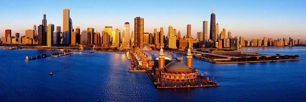 City Sunrises & Sunsets: Sunrise at Navy PierLake Michigan, Chicago, Cook County, Illinois, USA by Panoramic Images