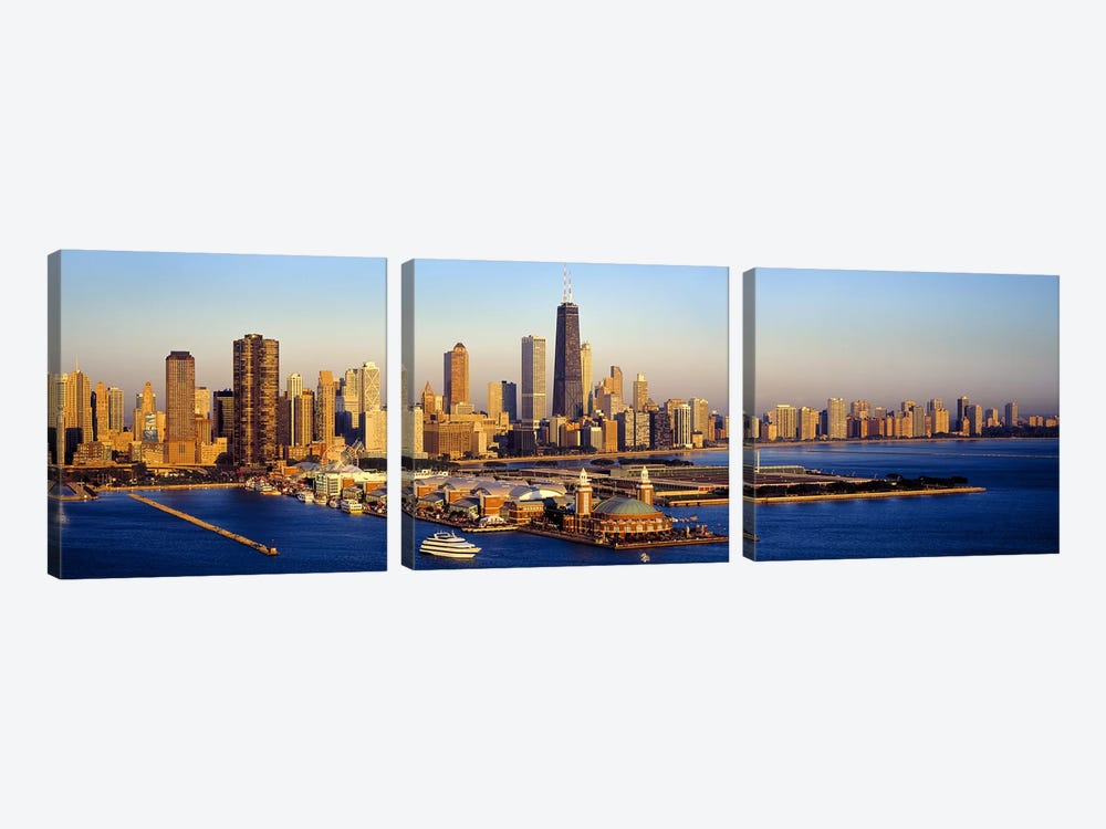 Aerial view of a cityNavy Pier, Lake Michigan, Chicago, Cook County, Illinois, USA by Panoramic Images 3-piece Canvas Art