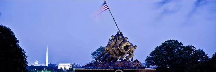 Iwo Jima Memorial at dusk with Washington Monument in the backgroundArlington National Cemetery, Arlington, Virginia, USA