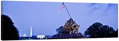 Iwo Jima Memorial at dusk with Washington Monument in the backgroundArlington National Cemetery, Arlington, Virginia, USA Canvas Art Print - Monument Art