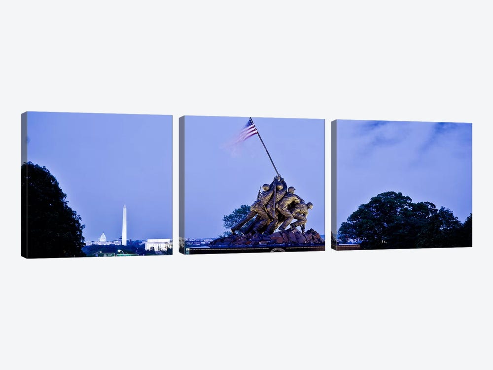 Iwo Jima Memorial at dusk with Washington Monument in the backgroundArlington National Cemetery, Arlington, Virginia, USA by Panoramic Images 3-piece Canvas Art Print