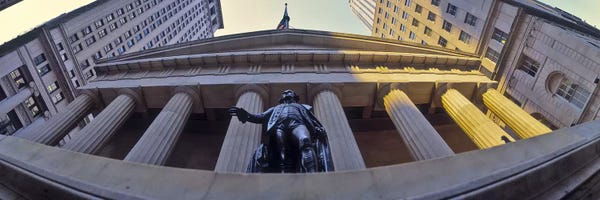 Manhattan: Low angle view of a stock exchange building, New York Stock Exchange, Wall Street, Manhattan, New York City, New York State, USA by Panoramic Images