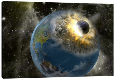 Earth being hit by a planet killing meteorite Canvas Art Print - Comet & Asteroid Art