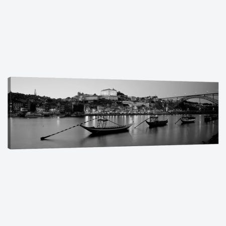 Boats In A RiverDouro River, Porto, Portugal (black & white) Canvas Print #PIM940bw} by Panoramic Images Canvas Art Print
