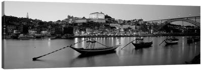 Boats In A RiverDouro River, Porto, Portugal (black & white) Canvas Art Print - Portugal