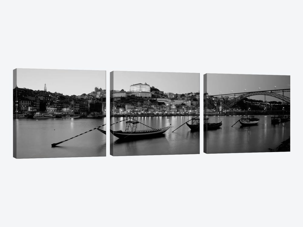Boats In A RiverDouro River, Porto, Portugal (black & white) by Panoramic Images 3-piece Art Print