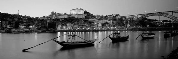 Panoramic Images: Boats In A RiverDouro River, Porto, Portugal (black & white) by Panoramic Images