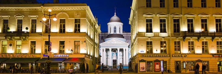 Buildings in a city lit up at night, Nevskiy Prospekt, St. Petersburg, Russia