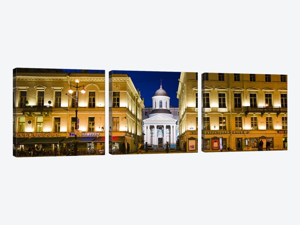 Buildings in a city lit up at night, Nevskiy Prospekt, St. Petersburg, Russia by Panoramic Images 3-piece Canvas Print