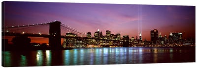 Skyscrapers lit up at night, World Trade Center, Lower Manhattan, Manhattan, New York City, New York State, USA Canvas Art Print - Brooklyn Art