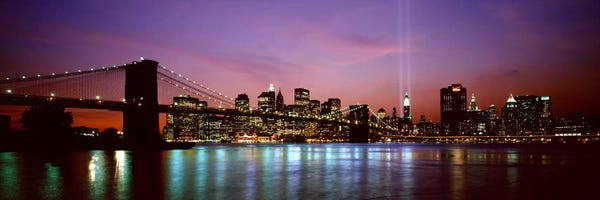 Brooklyn: Skyscrapers lit up at night, World Trade Center, Lower Manhattan, Manhattan, New York City, New York State, USA by Panoramic Images