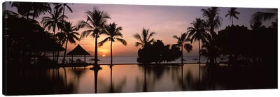 Sunset over hotel pool, Lombok, West Nusa Tenggara, Indonesia Canvas Art Print - Indonesia Art