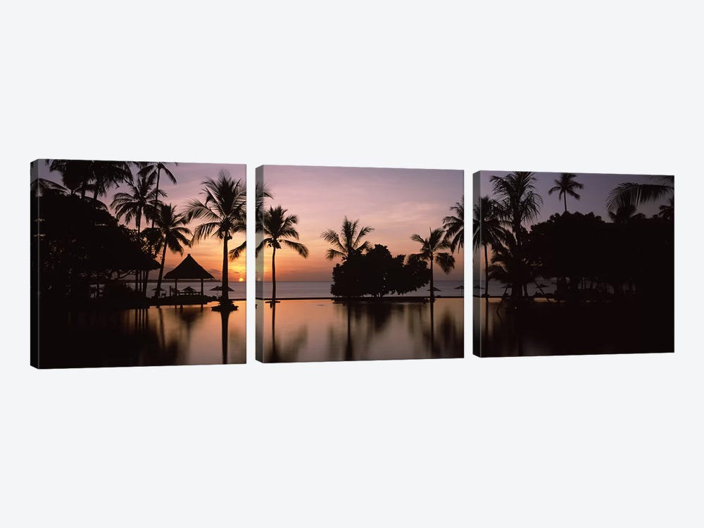 Sunset over hotel pool, Lombok, West Nusa Tenggara, Indonesia by Panoramic Images 3-piece Canvas Print