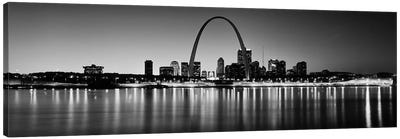 City lit up at night, Gateway Arch, Mississippi River, St. Louis, Missouri, USA Canvas Art Print - Cityscape Art