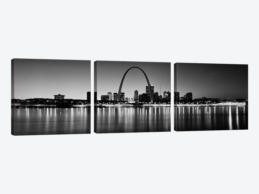 City lit up at night, Gateway Arch, Mississippi River, St. Louis, Missouri, USA by Panoramic Images 3-piece Canvas Art