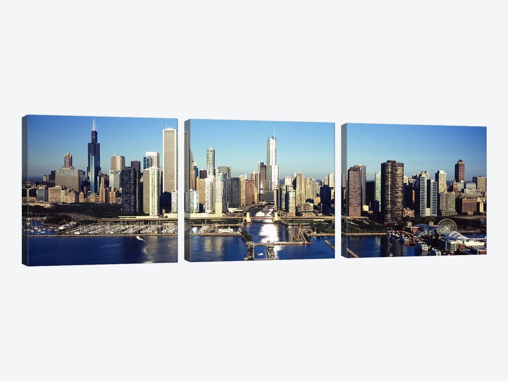 Skyscrapers in a cityNavy Pier, Chicago Harbor, Chicago, Cook County, Illinois, USA by Panoramic Images 3-piece Canvas Art