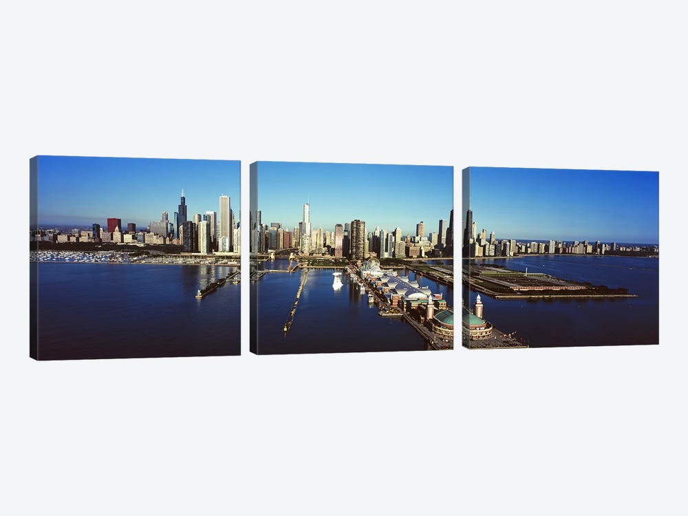 High-Angle View Of Navy Pier And Downtown Skyline, Chicago, Cook County, Illinois, USA by Panoramic Images 3-piece Canvas Art Print