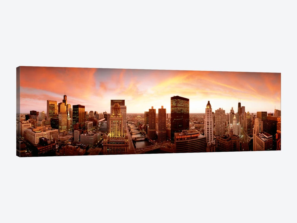 Chicago Illinois Sunset Skyline CANVAS WALL ART TRIPLE Box Frame Print 