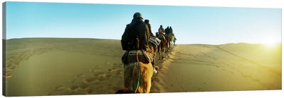 Row of people riding camels through the desert, Sahara Desert, Morocco Canvas Art Print - Desert Landscape Photography